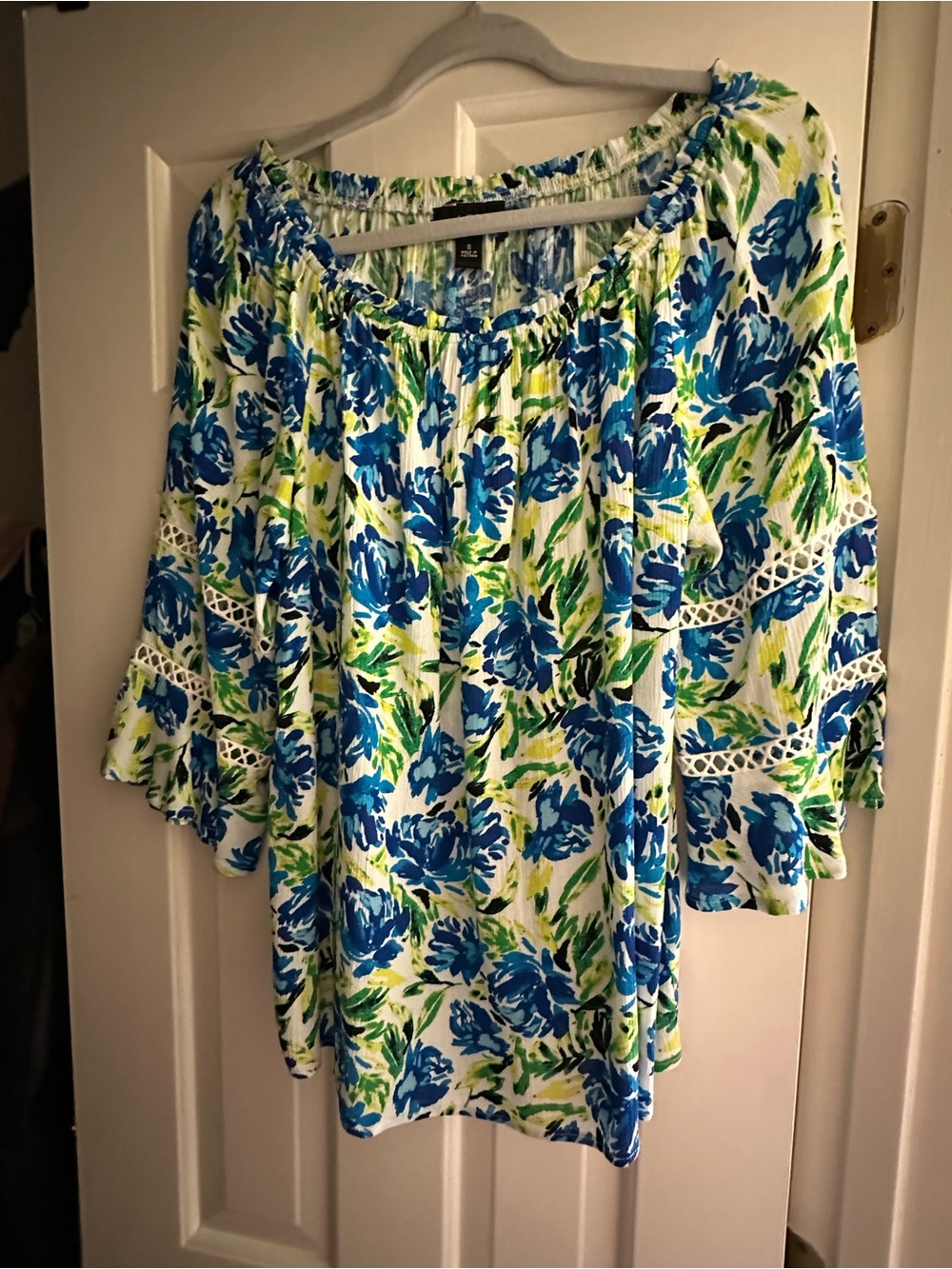 AGB White Floral Off-Shoulder Blouse with Blue and Green Print